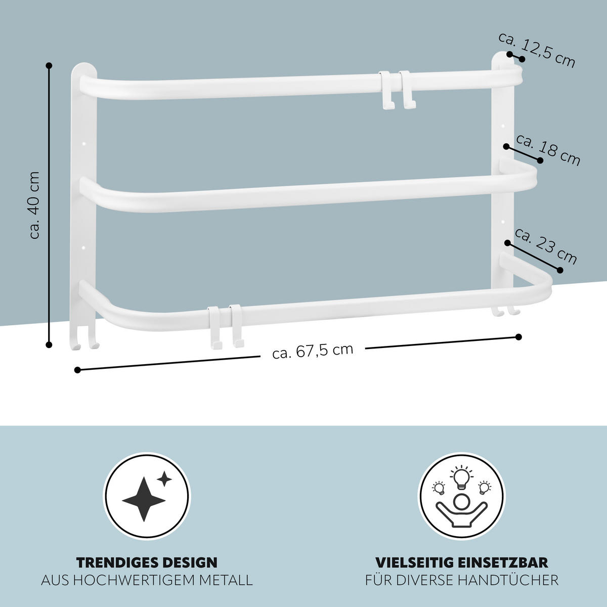 WAND-HANDTUCHHALTER 3 Stangen - Weiß, Metall (67.5/40/23cm) - bremermann