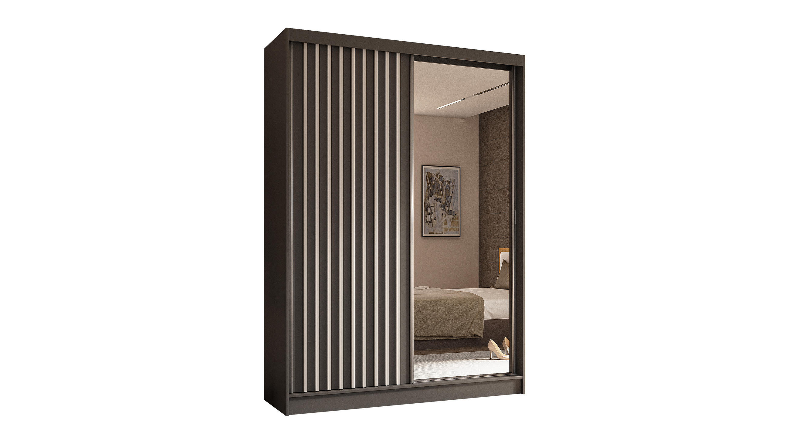 KLEIDERSCHRANK mit Spiegel-Schiebetüren und Aluminium-Leisten - LAMELO - 150 cm Grau+Grau+Weiß - Weiß/Grau, Holzwerkstoff (150/216/61cm) - ALTDECOR