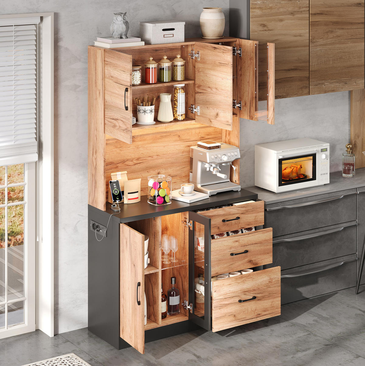 KÜCHENHOCHSCHRANK aus MDF 105x40x180 cm Neutral mit LED-Beleuchtung, USB-Anschlüssen, Steckdosen und Schubladen - Naturfarben, Holzwerkstoff (105/180/40cm) - IVMEU