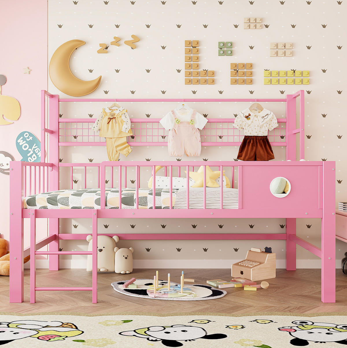 KINDEREINZELBETTEN aus Metall 90x200 cm in Rosa mit Sicherheitsgitter & Stauraum - Rosa, Metall (90/200cm) - Modfu