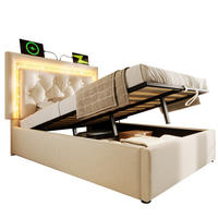 POLSTERBETT 90/200 cm aus Samt mit LED, USB-C und hydraulischem Bettkasten Beige - Beige, Textil (90/200cm) - Modenvie