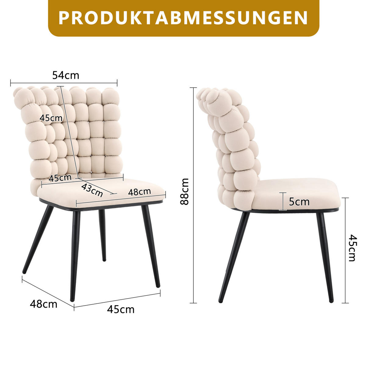 ESSZIMMERSTUHL 2er-Set Samt Off White mit Metallbeinen Schwarz - Weiß, Metall (48/88/54cm) - Meubliv