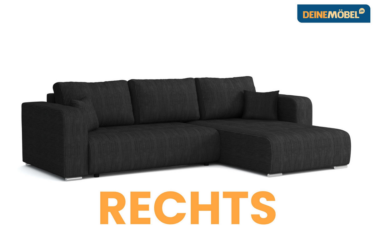 ECKSOFA CARACAS 288/185 in Cord Schwarz mit Schlaffunktion rechts - Schwarz, Holz/Holzwerkstoff (288/185cm) - Deine Möbel 24