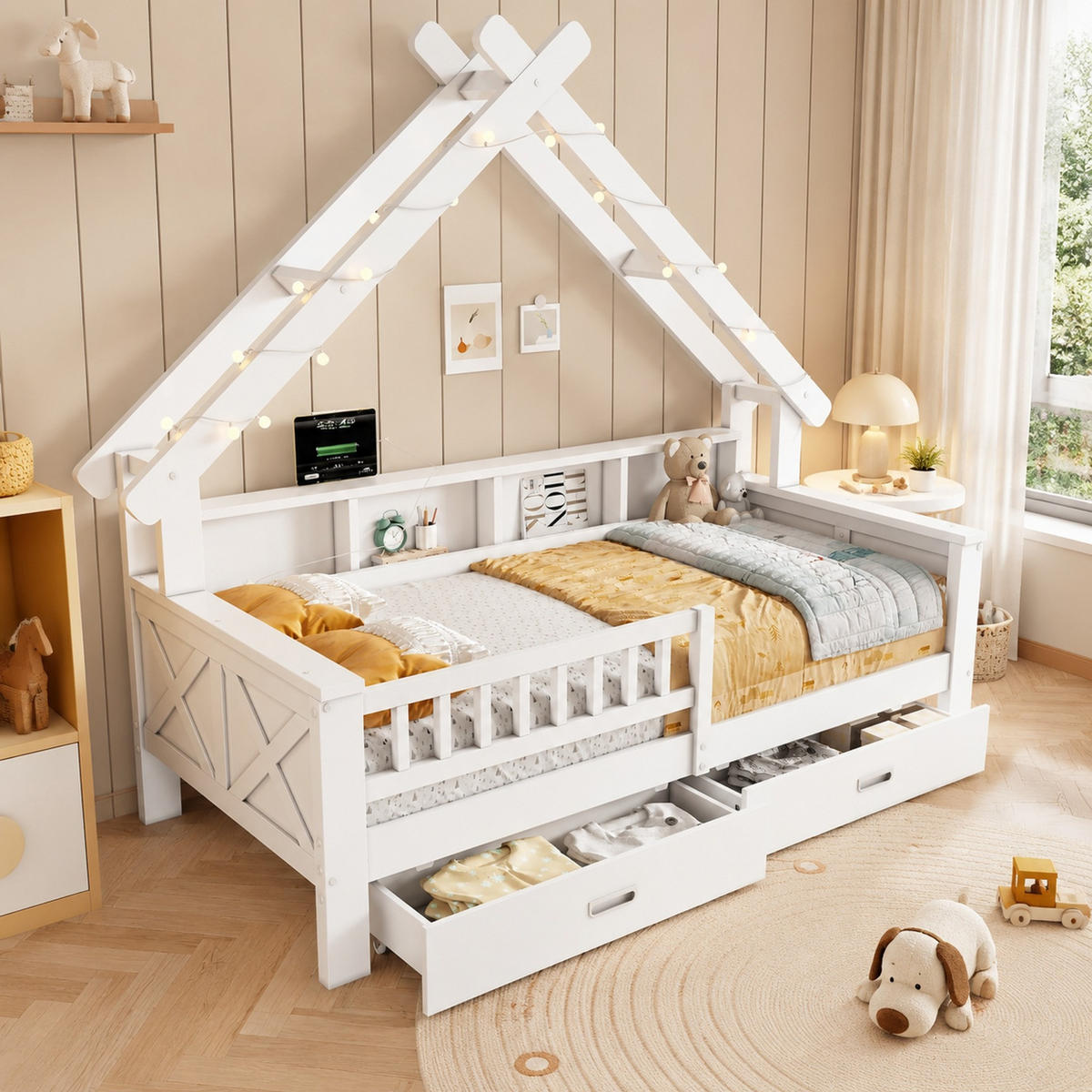 KINDERBETT 90/200 mit Ablagefächern, Schubladen und Schutzgitter in Weiß - Weiß, Holzwerkstoff (90/200cm) - EVRYAE