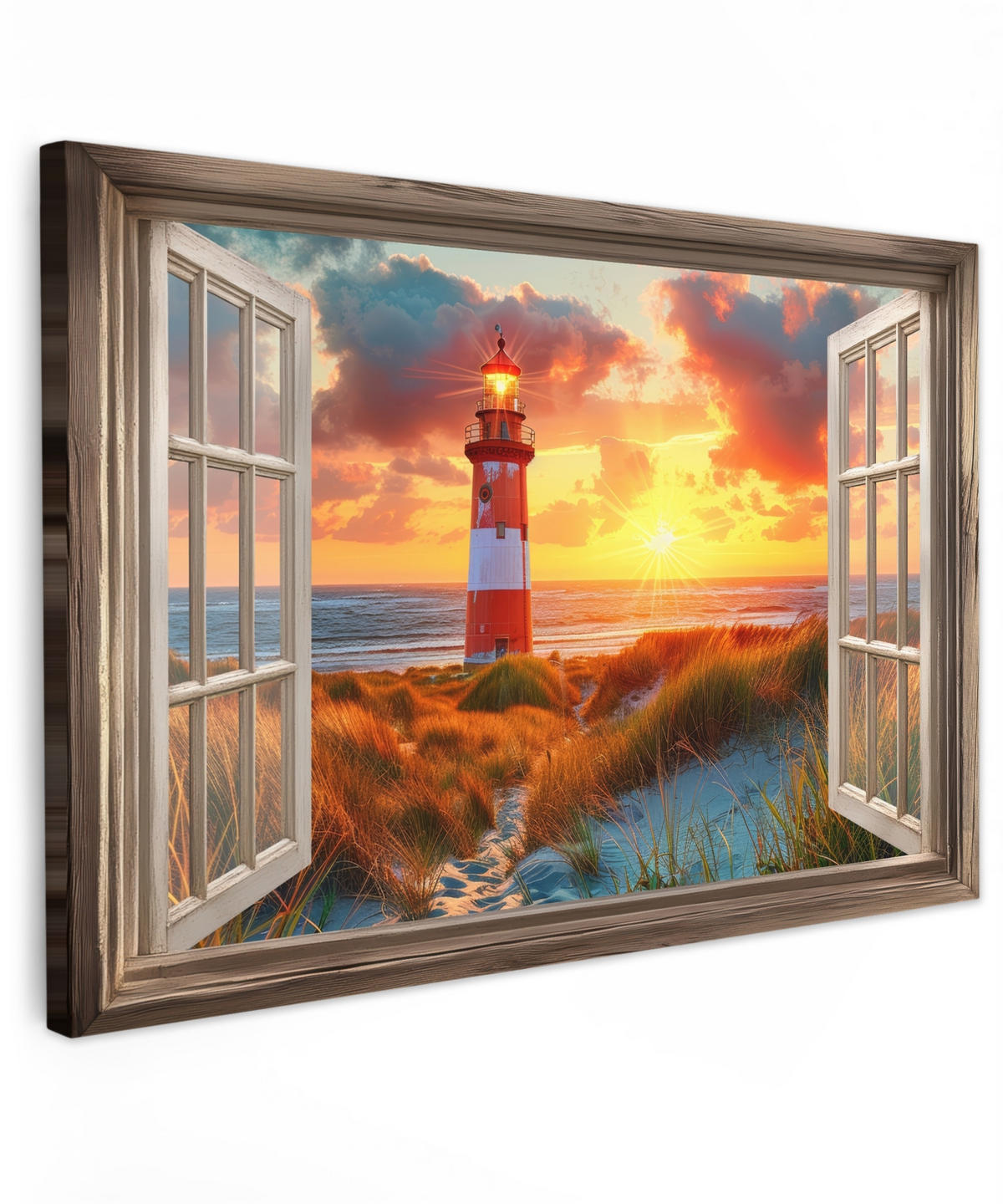 LEINWANDBILD Aussicht - Fenster - Leuchtturm - Sonnenuntergang - Strand Wohnzimmer Groß 120x80 cm - Dunkelorange, Textil (120/80cm) - MuchoWow