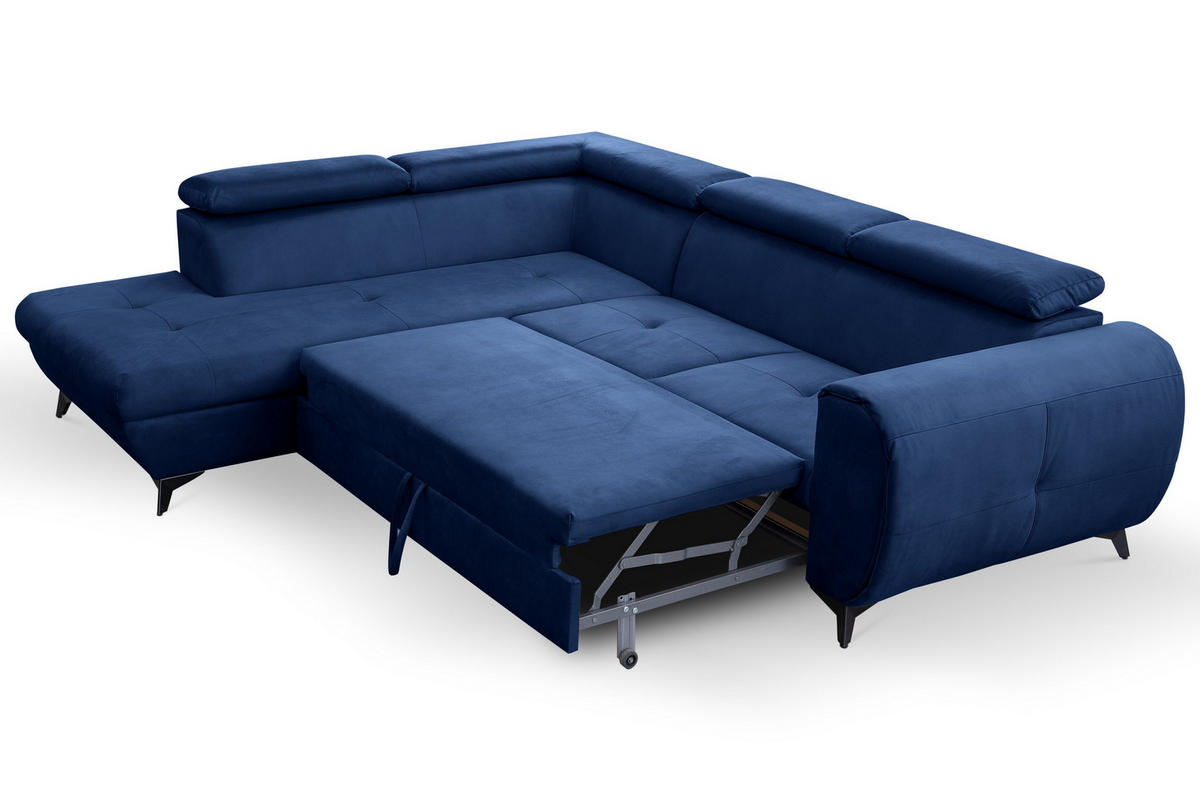 ECKSOFA MAGIA L-S Dunkelblau Plüsch-Stoff mit Schlaffunktion - Dunkelblau, Holz (260/217cm) - MASSENO