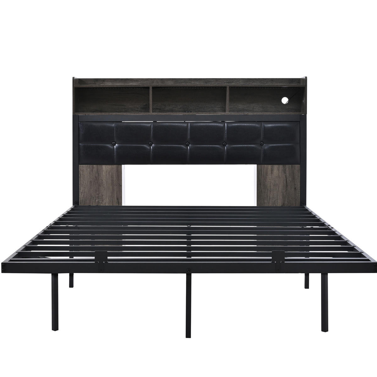 BETT aus Metall und PU 140x190 cm Grau/Weiß mit LED, USB-C, Steckdosen und 2 ausziehbaren Nachttischen - Grau, Metall (140/190cm) - Modfu