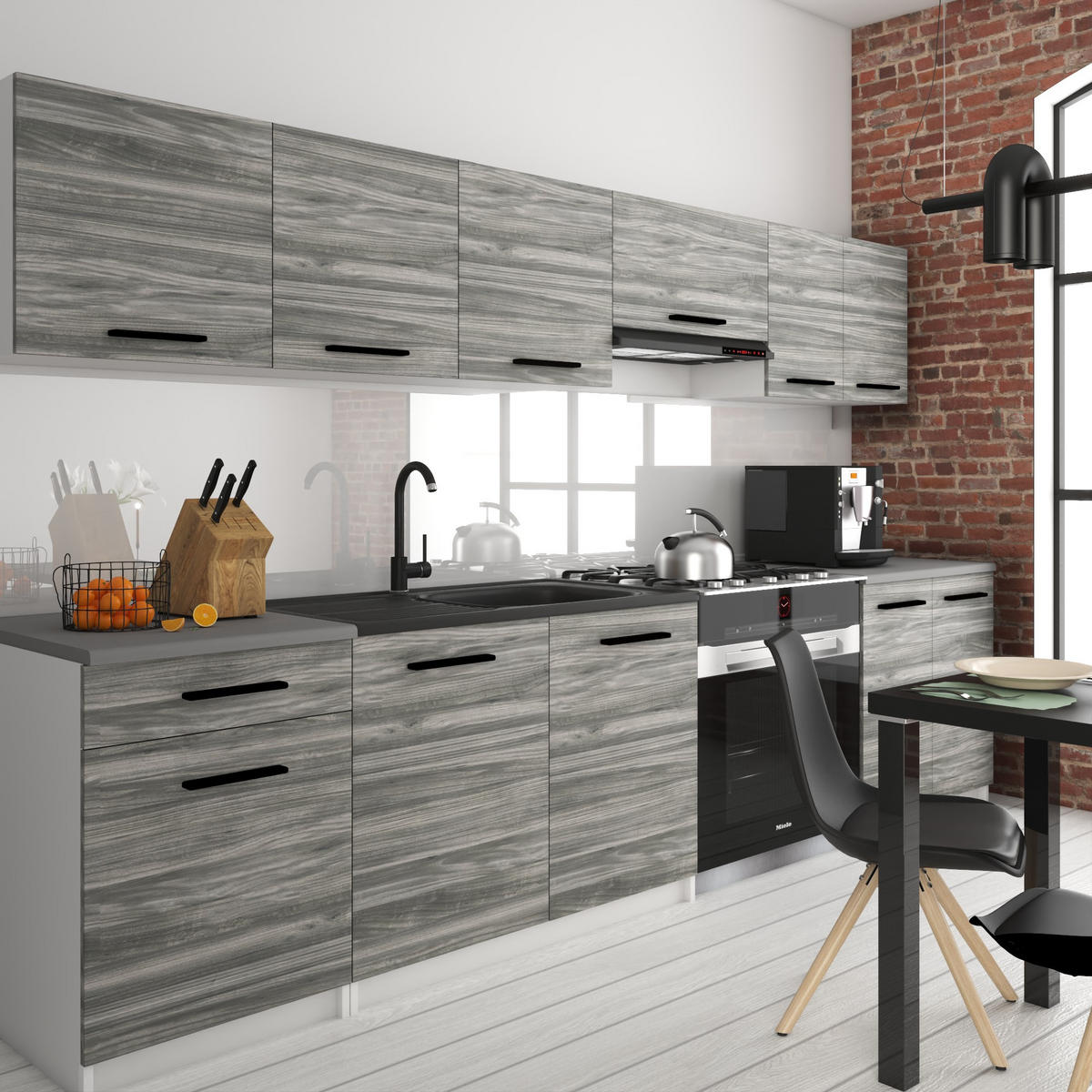 KÜCHENZEILE Italia 2 240 cm, mit Arbeitsplatten, Grau Glamour - Hellgrau, Holz (240/143/60cm) - B BELINI GROUP