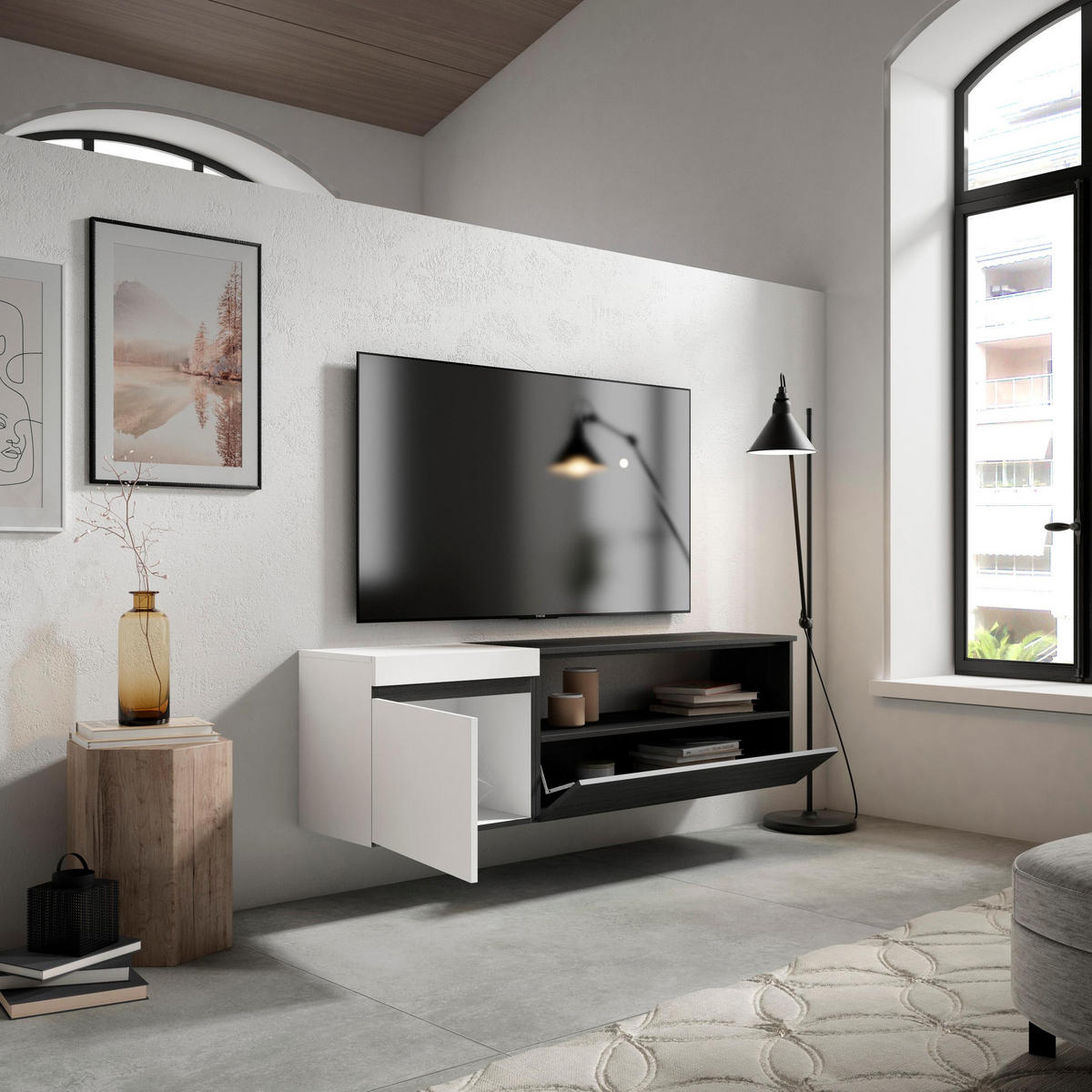 LOWBOARD Hängend, weiß, schwarz, 150/35/45cm - Schwarz/Weiß, Holzwerkstoff (150/45/35cm) - Skraut Home