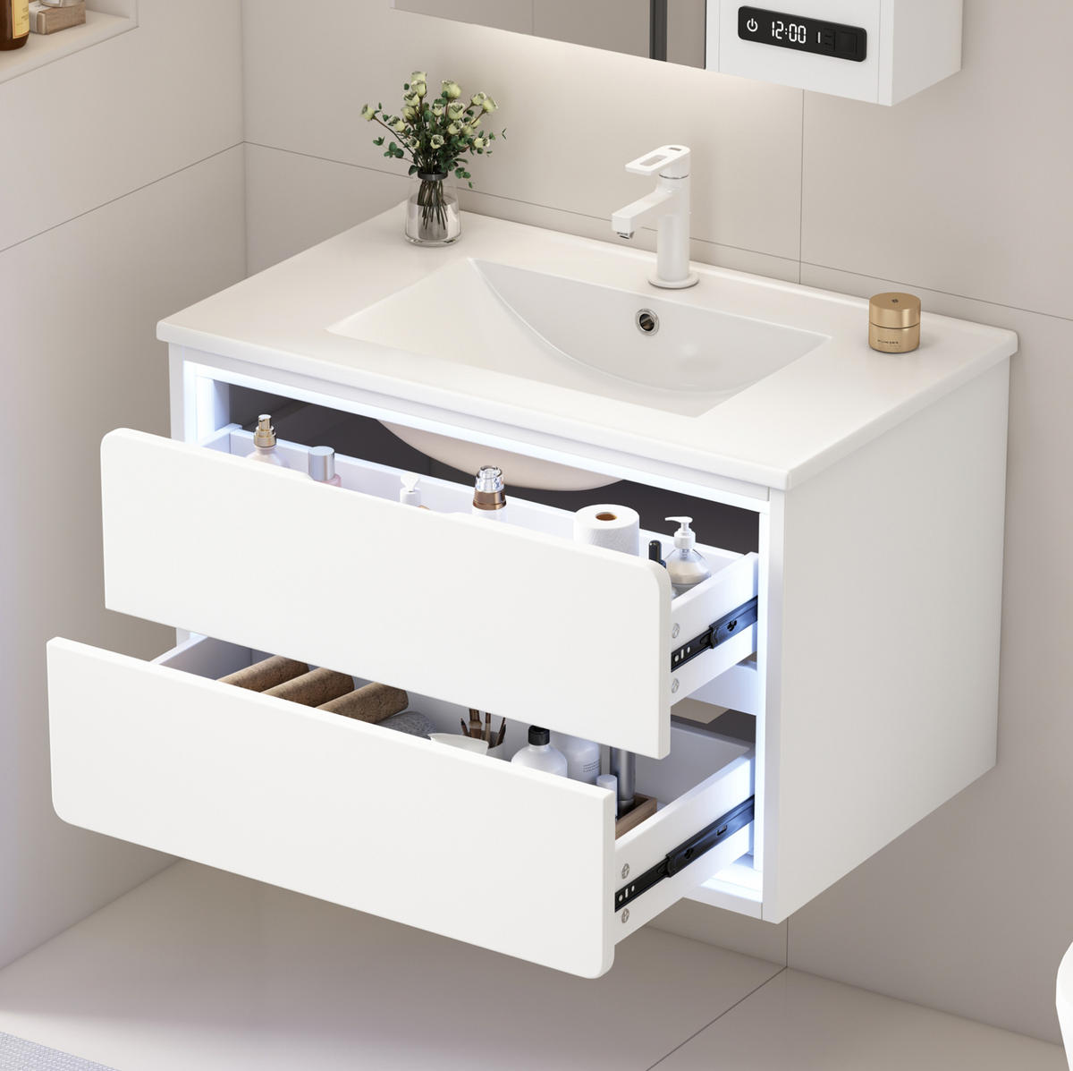 BADEZIMMERSCHRANK Hängend mit Waschbecken 76 x 46 x 48,5 cm Weiß - Weiß, Holzwerkstoff (46/58.5/76cm) - Beauniv