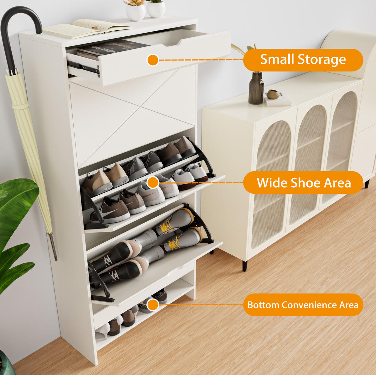 SCHUHSCHRANK 63/26/136.5 cm Weiß aus MDF mit 3 Klappen und Schublade - Weiß, Holzwerkstoff (63/136.5/26cm) - OKMYHOME