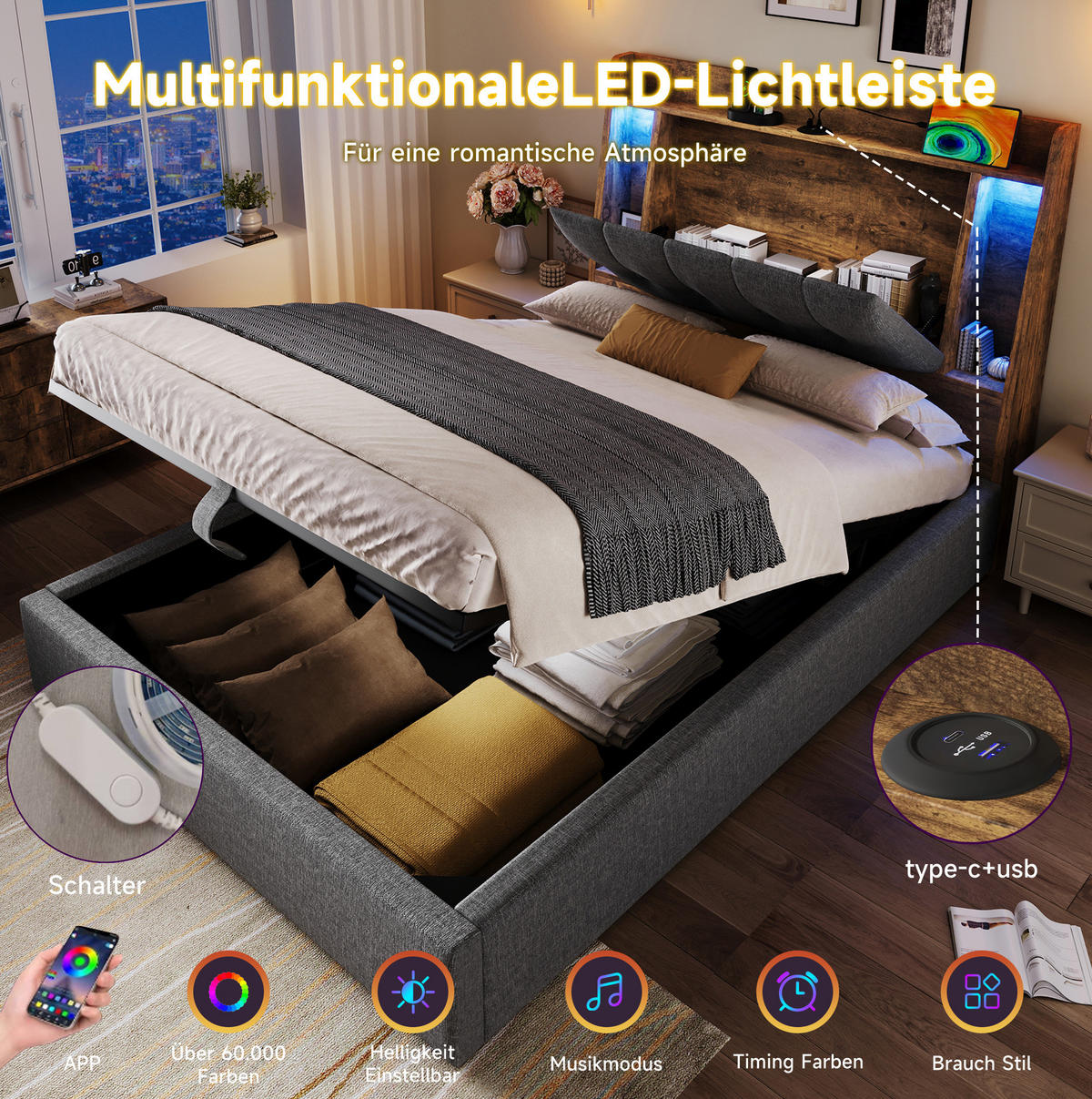 POLSTERBETT 90/200 cm mit LED-Beleuchtung, Bettkasten und USB-/Typ-C-Anschluss - Grau, Textil (90/200cm) - BEAOK