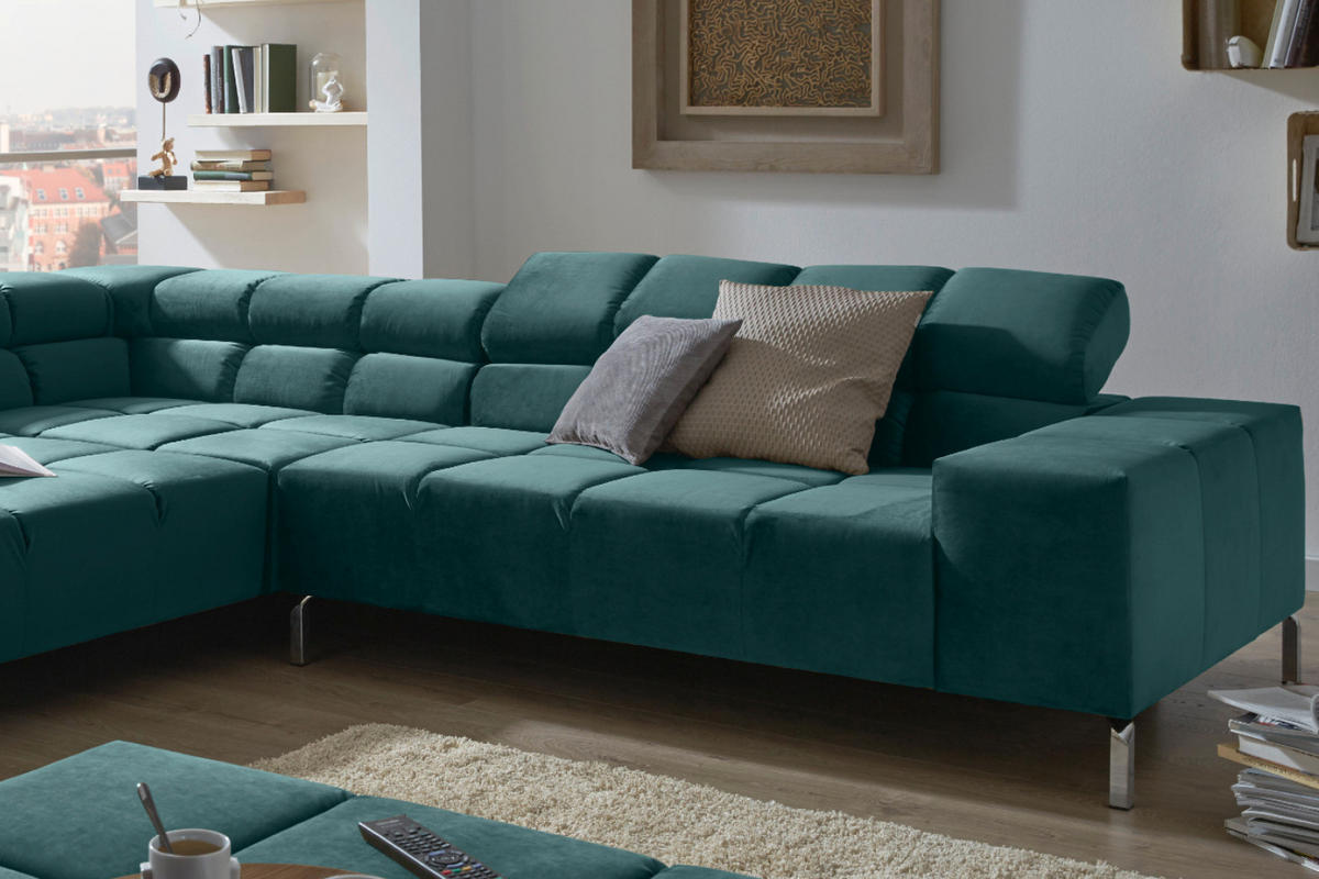 ECKSOFA MIT MOTORISCHEM SITZVORZUG NELSON Smaragdgrün Velvet Relaxfunktion - Smaragdgrün/Silberfarben, Textil (321/216cm) - KAWOLA
