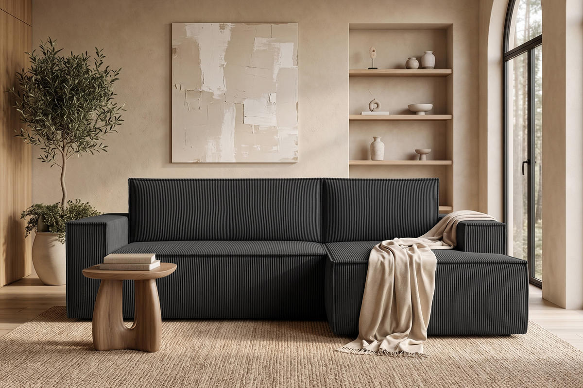 ECKSCHLAFSOFA-RECHTS NAPI in Pet Friendly Cord-Stoff, dunkelgrau - Dunkelgrau/Schwarz, Textil (262/148cm) - KONSIMO®