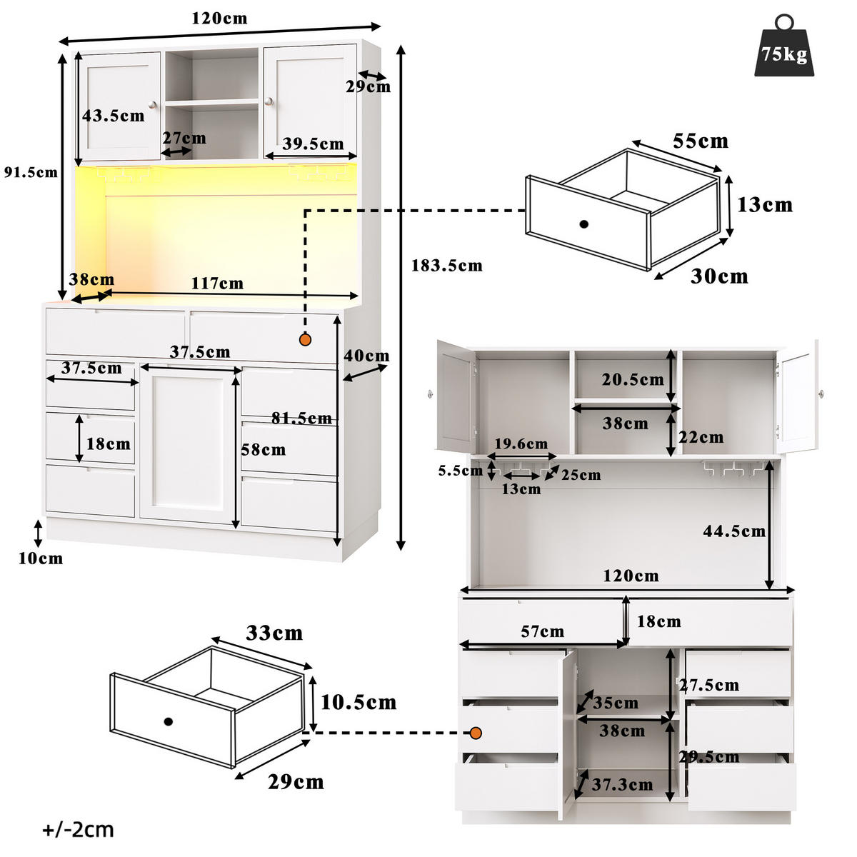 GESCHIRRSCHRANK aus MDF 120x40x183.5 cm in Weiß mit Smart-LED - Weiß, Holzwerkstoff (120/183.5/40cm) - Modfu