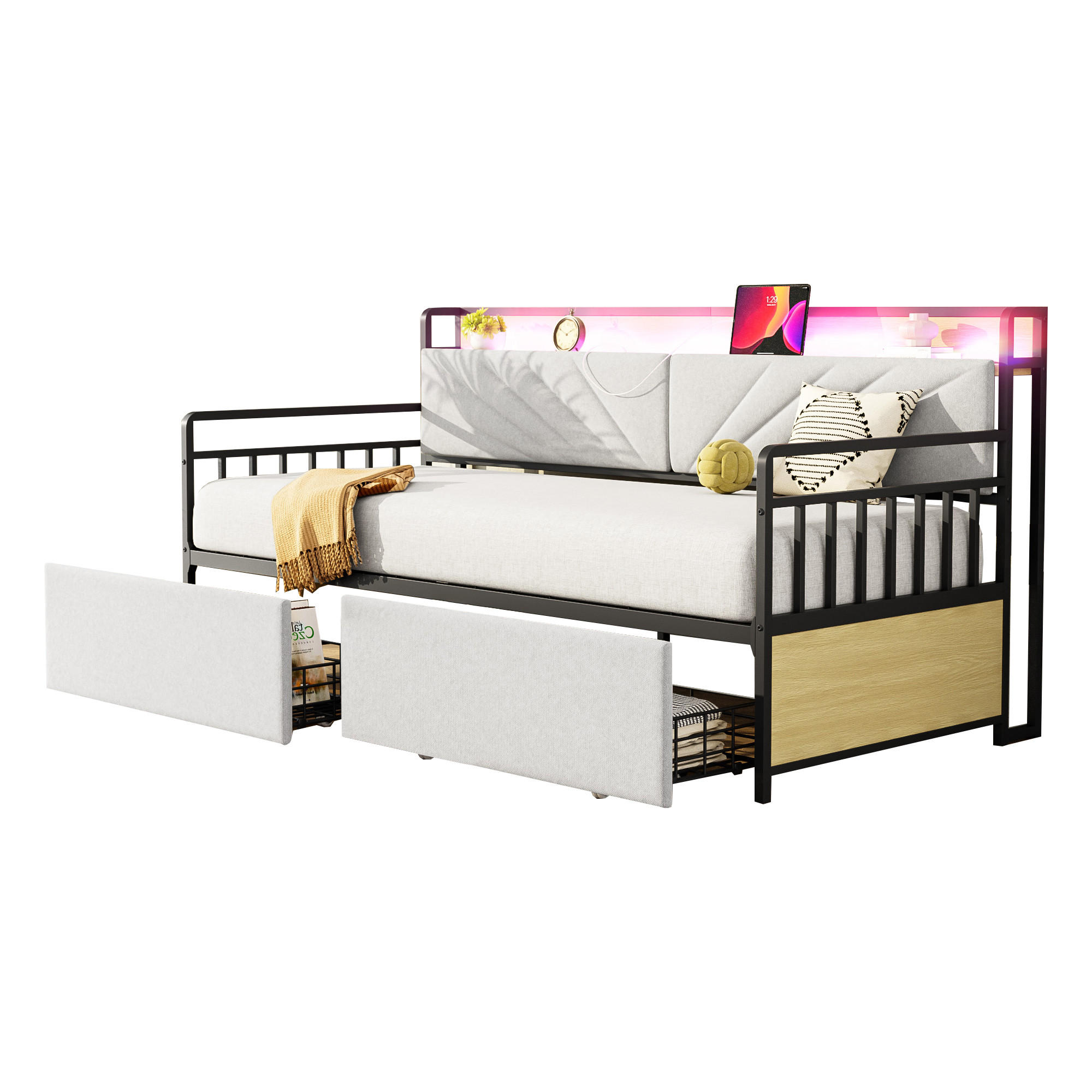 BETT 90/200 cm mit LED-Beleuchtung und Ablagen Beige - Schwarz, Metall (90/200cm) - OKWISH