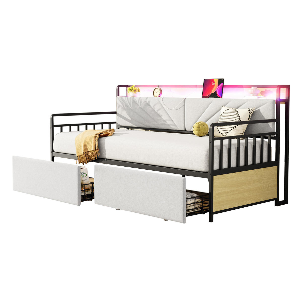 BETT 90/200 cm mit LED-Beleuchtung und Ablagen Beige - Schwarz, Metall (90/200cm) - OKWISH