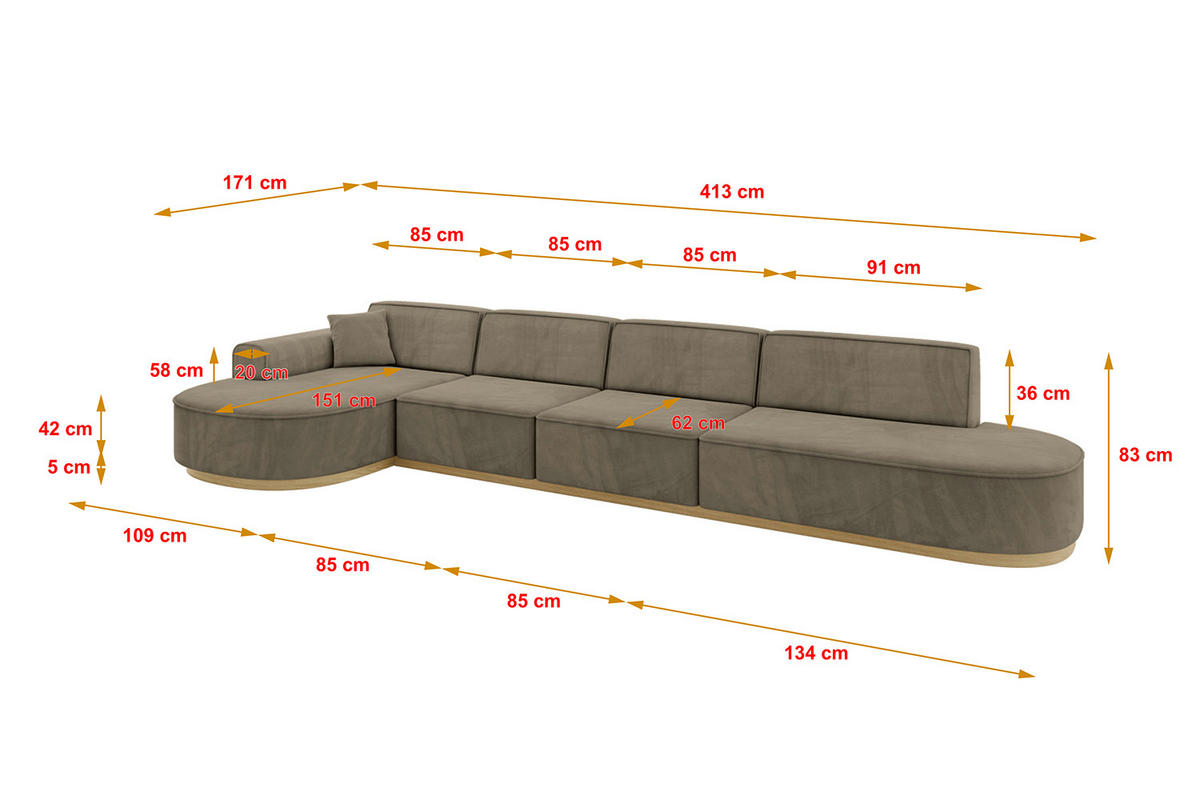 ECKSOFA Ottomane Links MARI-L3-v2 - 413x171x83 cm Dunkelbraun Velours - Dunkelbraun, Holzwerkstoff/Textil (413/171cm) - ALTDECOR