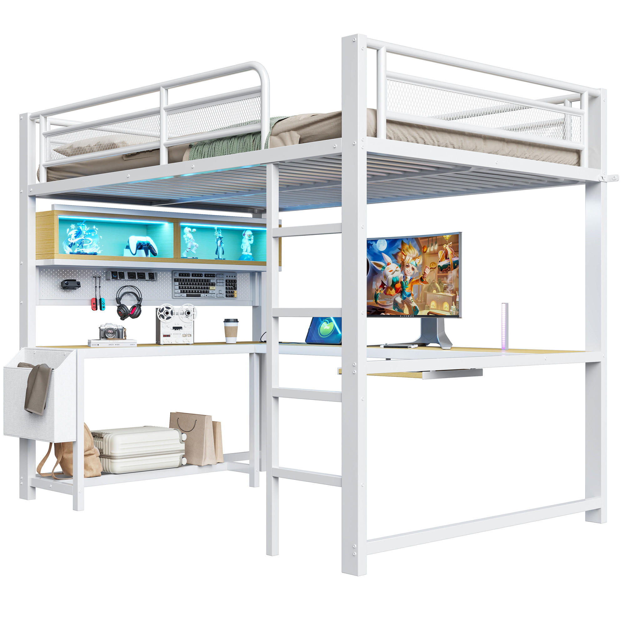 HOCHBETT 140/200 cm Weiß mit Schreibtisch, LED und USB - Weiß, Metall (140/200cm) - MIVRAY