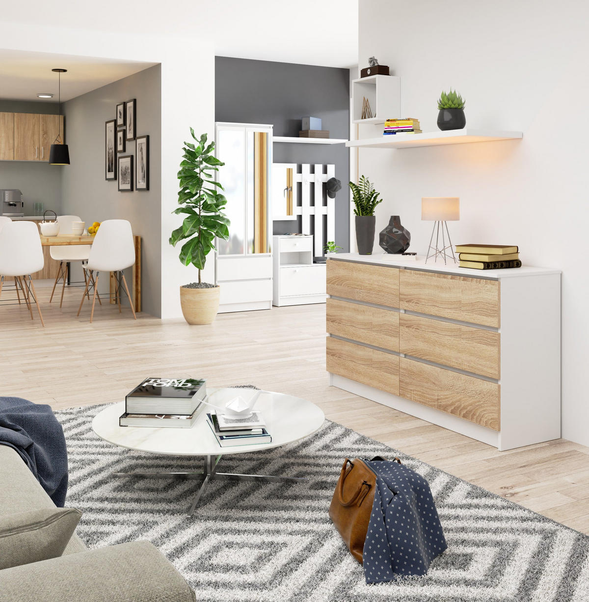 KOMMODE Weiß, Eiche Sonoma 77/138/40 - Weiß, Holzwerkstoff (138/77/40cm) - RAUMHIRSCH FURNITURE