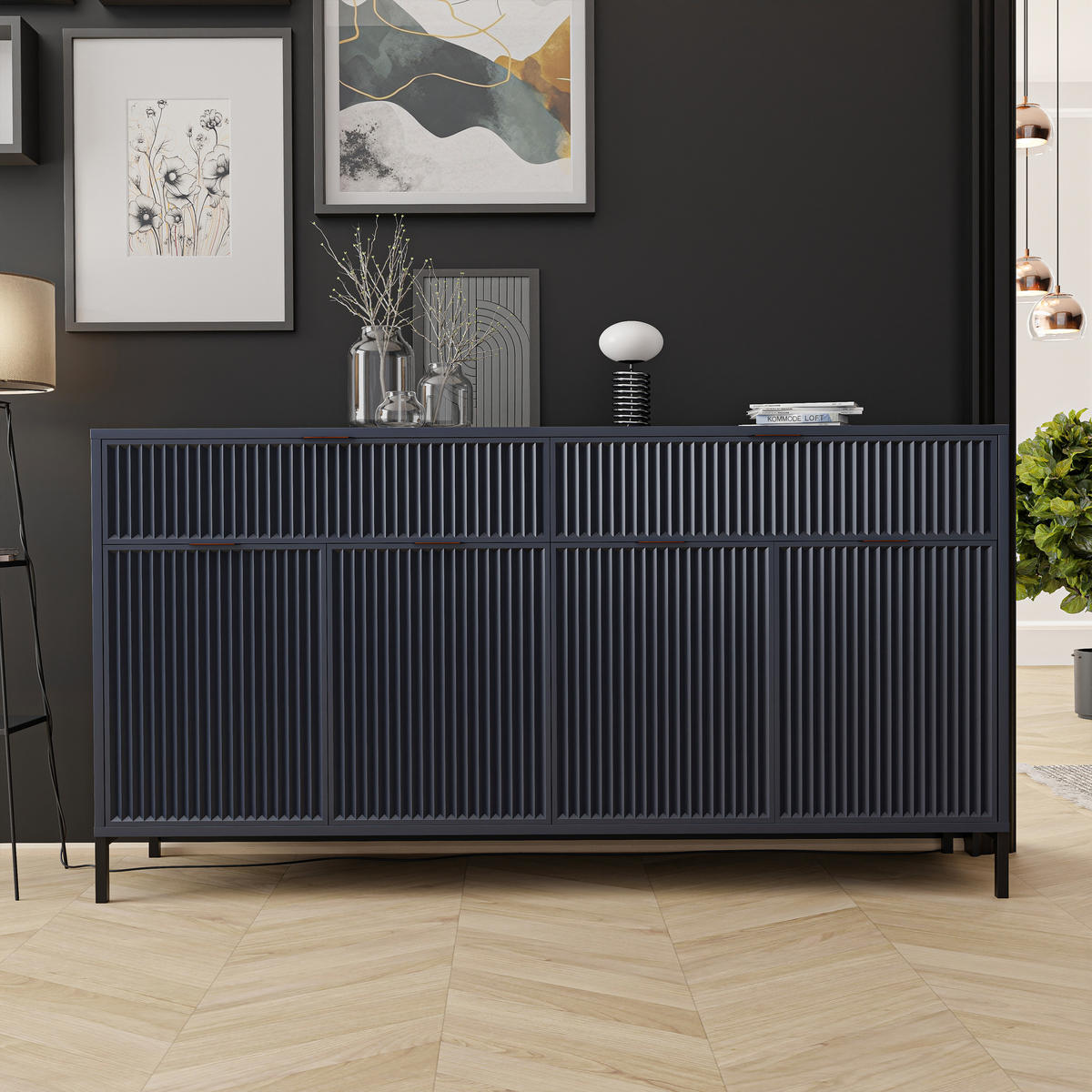KOMMODE WAVE 165/40/86 cm Indigo - Schwarz/Dunkelblau, Holzwerkstoff/Metall (165.3/86/40.6cm) - Idohome