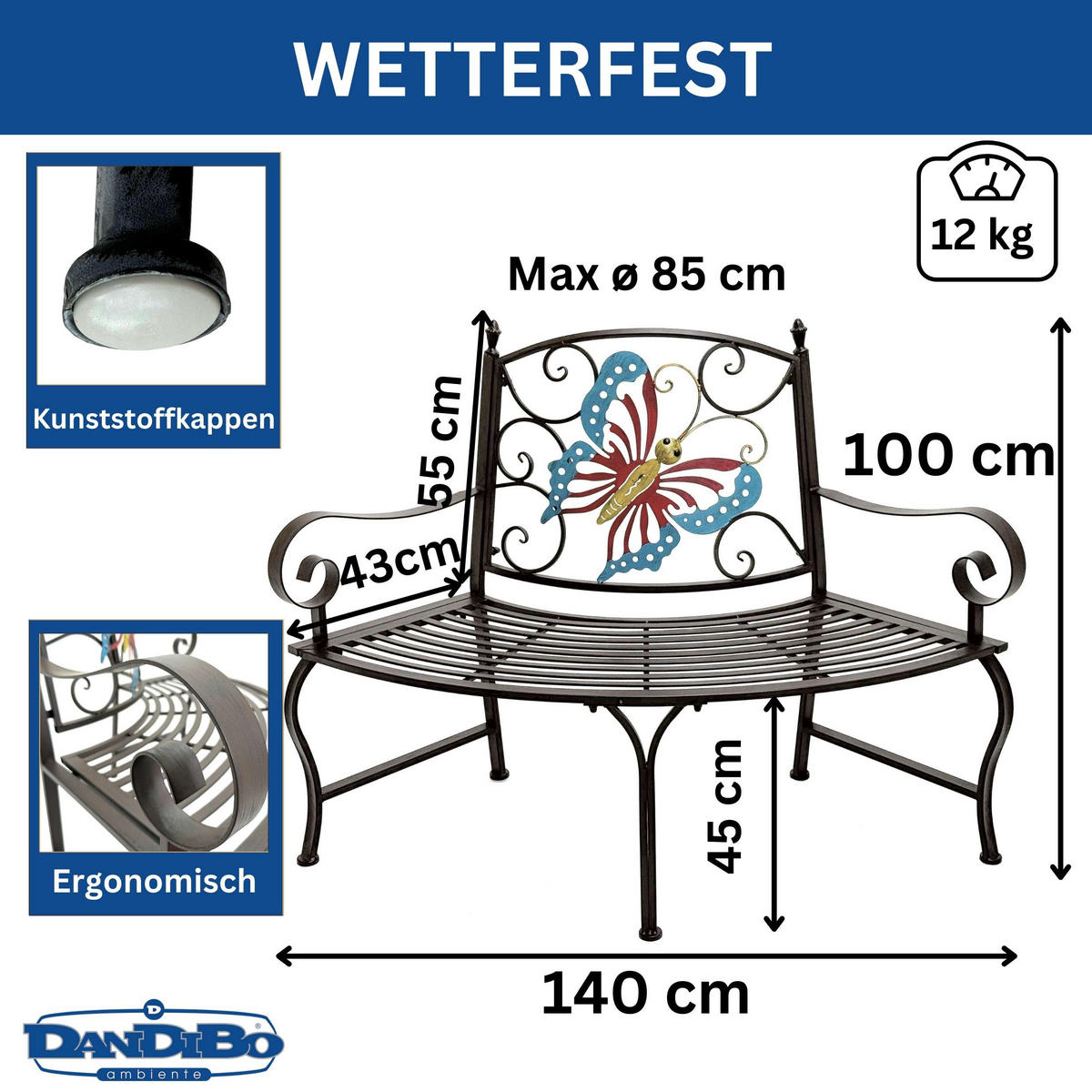 BAUMBANK Halbrund Wetterfest Metall Braun - Braun, Metall (140/100/60cm) - DanDiBo