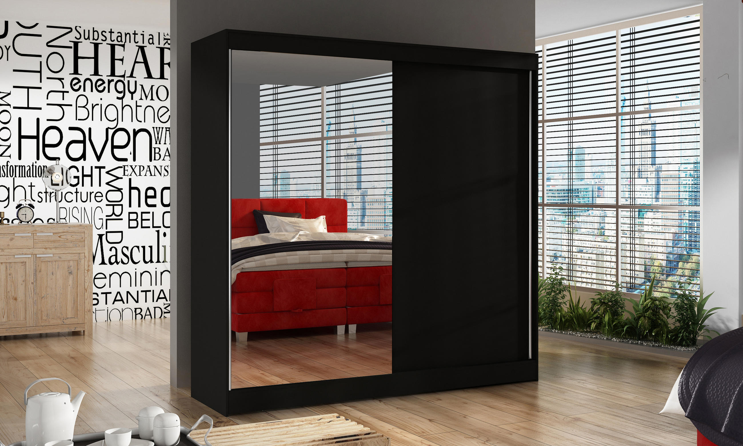 SCHWEBETÜRENSCHRANK Basti I - 200 cm - Schwarz, Holzwerkstoff/Metall (200/215/58cm) - Sofnet