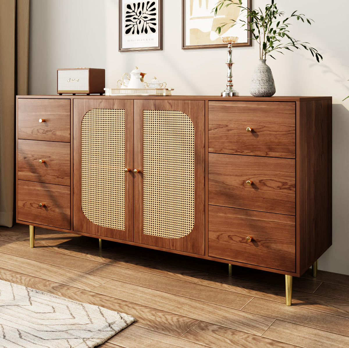 SIDEBOARD 160/40/90 cm in Holzoptik mit Rattantüren und 6 Schubladen - Eichefarben, Holzwerkstoff (160/90/40cm) - Flora Grace