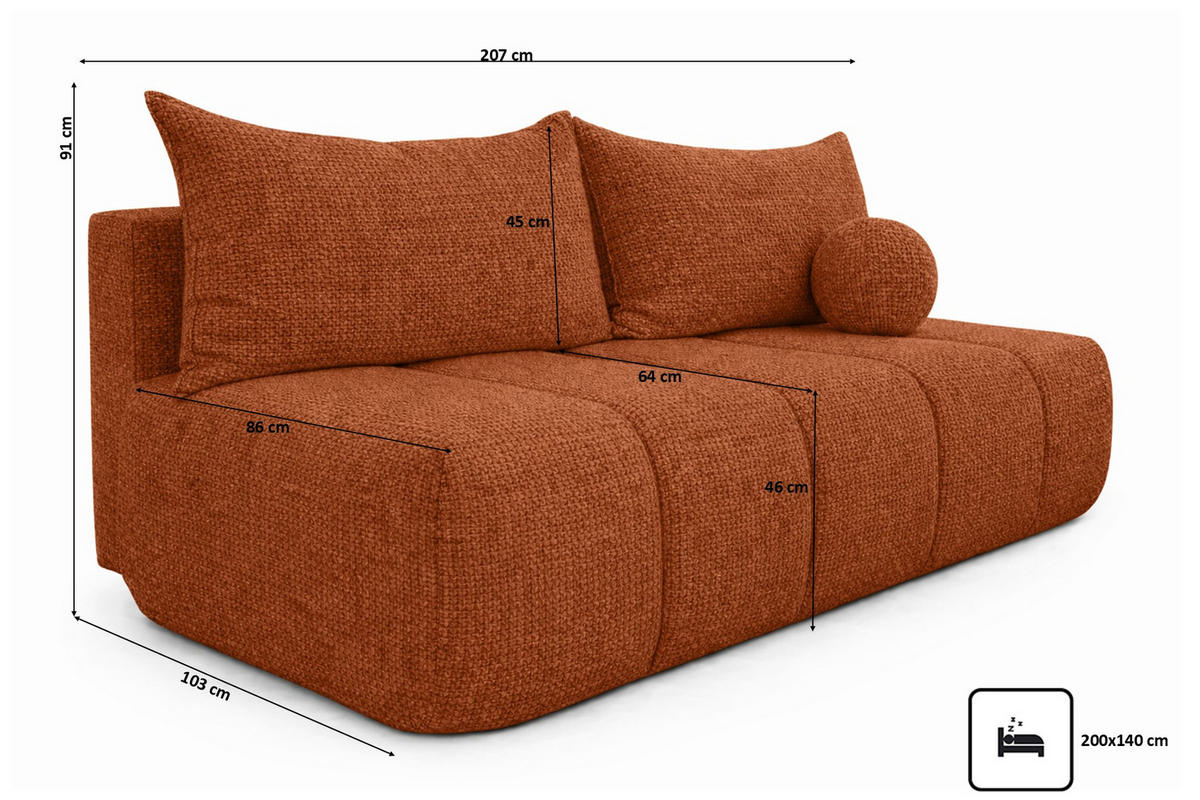 SOFA Mit Schlaffunktion Und Bettkasten, Chenille-Stoff Flow, Kupfer, PIANO - Kupferfarben, Holz (207/91/103cm) - Kaiser Möbel