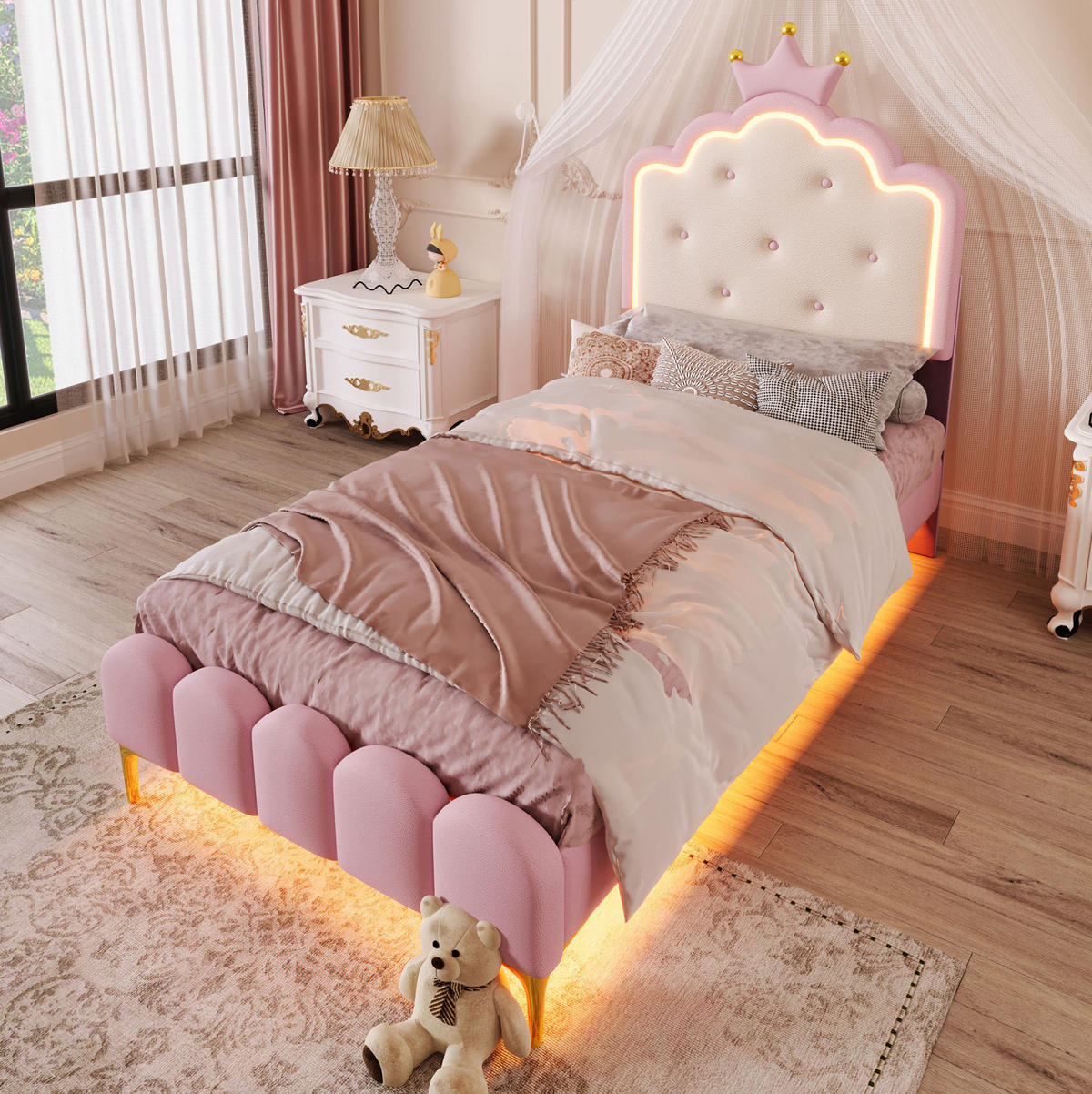 POLSTERBETT 90/200 cm Rosa aus PU mit Lattenrost und LED-Beleuchtung - Rosa, Kunststoff (90/200cm) - OKMYHOME