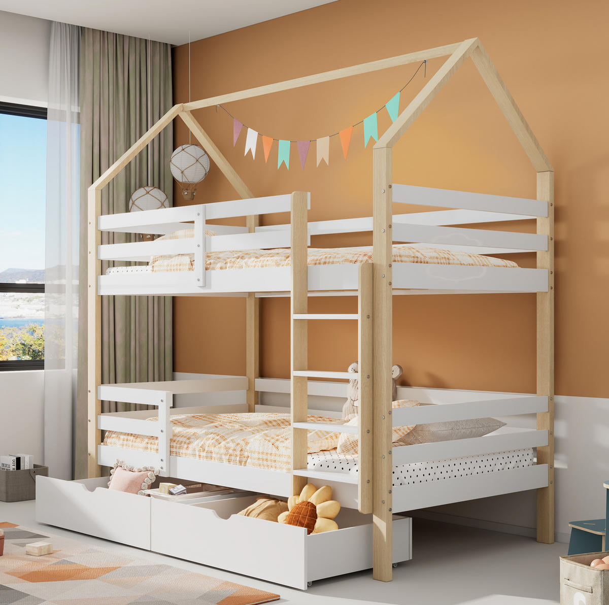 KINDERBETT 90/200 cm in Hausform aus Kiefernholz mit Schubladen - Weiß, Holz (90/200cm) - BEAOK
