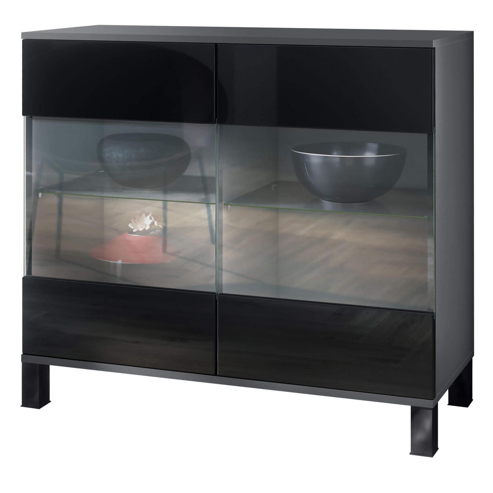 KOMMODE Bari Schwarz Hochglanz - Schwarz Hochglanz, Holzwerkstoff (92.5/84.5/35cm) - Vladon