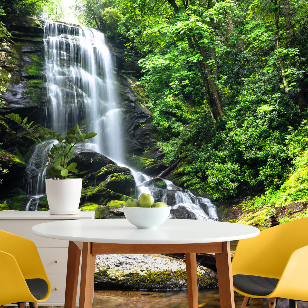 FOTOTAPETE Wasserfall im Dschungel Bäume Felsen 3D 450x315 - Braun/Weiß, Papier (450/315cm) - Muralo