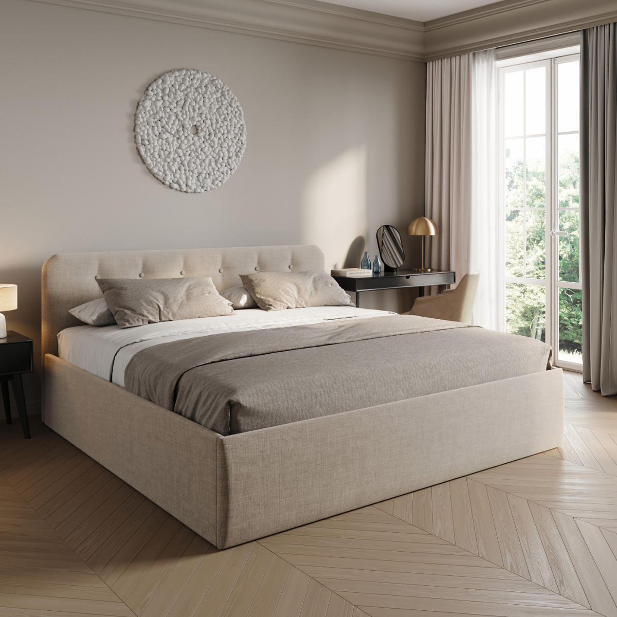 POLSTERBETT mit verstellbarem Lattenrost & Bettkasten, Kaltschaummatratze, 200 x 200 cm in Creme - Creme, Holzwerkstoff/Textil (200/200cm) - Home Collective