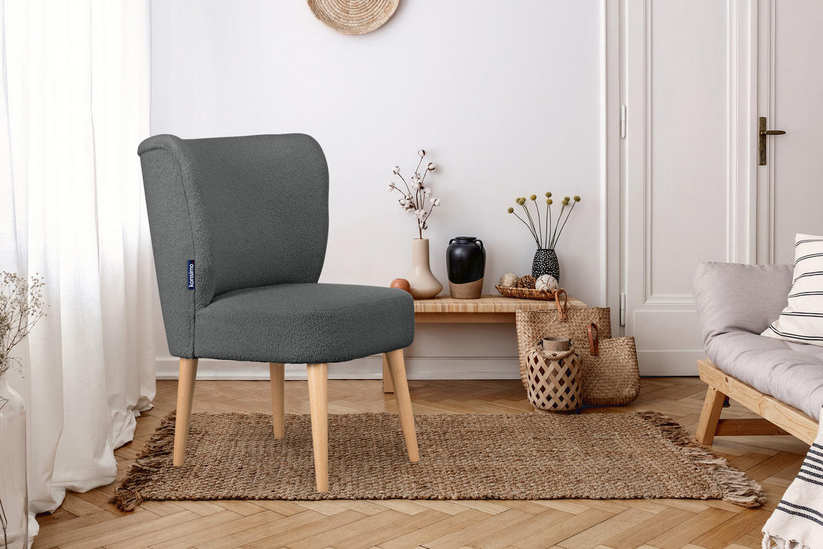 COCKTAILSESSEL APPA auf hohen Beinen aus Buche, aus recyceltem Boucle-Stoff, Dunkelgrau/Buche Dekor - Dunkelgrau/Buchefarben, Holz/Textil (63/89/65cm) - KONSIMO®