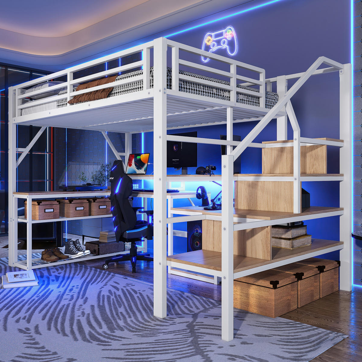 HOCHBETT 140/200 cm mit Schreibtisch, LED-Beleuchtung, USB-Anschluss und Stauraum, Metall/MDF, Weiß - Weiß, Metall (140/200cm) - Redom