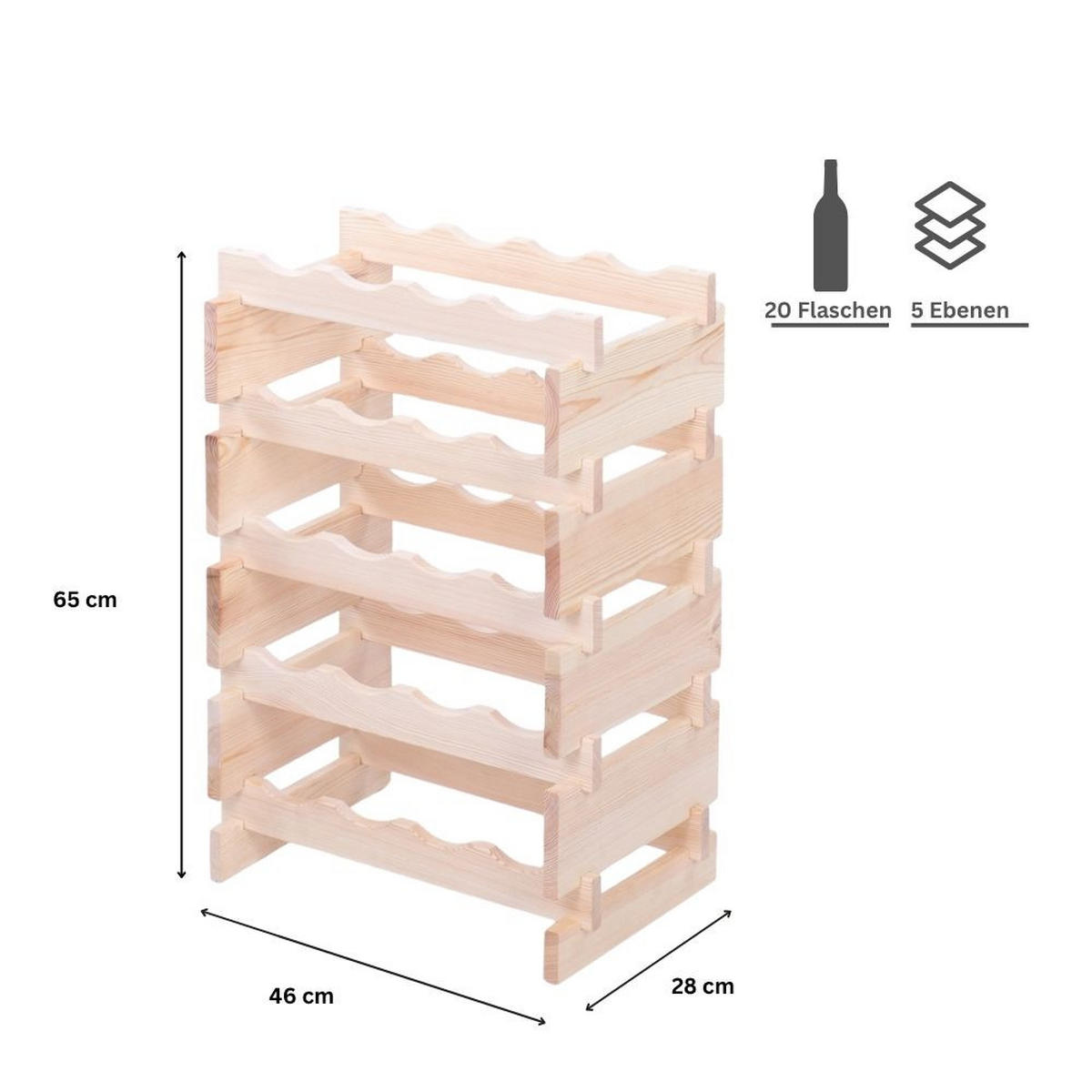 WEINREGAL VINOTECA FLEX PRO HxBxT 65x46x28cm 20 Flaschen auf 5 Ebenen Natur unbehandelt - Naturfarben, Holz (46/65/28cm) - PROREGAL