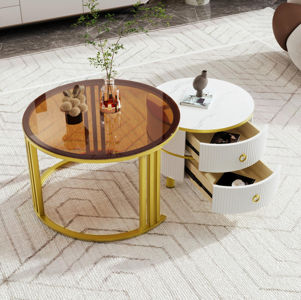 COUCHTISCH aus MDF und Glas 70x70x45 & 50x50x40 cm in Weiß mit 2 Schubladen - Weiß, Holzwerkstoff (70/70/45cm) - Modfu