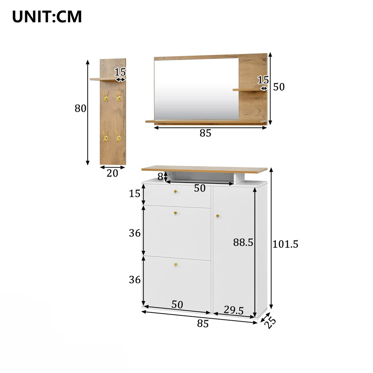 GARDEROBENSET 3-tlg mit Spiegel LED Natur Weiß 105x25x151.5cm - Weiß, Holzwerkstoff (25/151.5/105cm) - FLIEKS