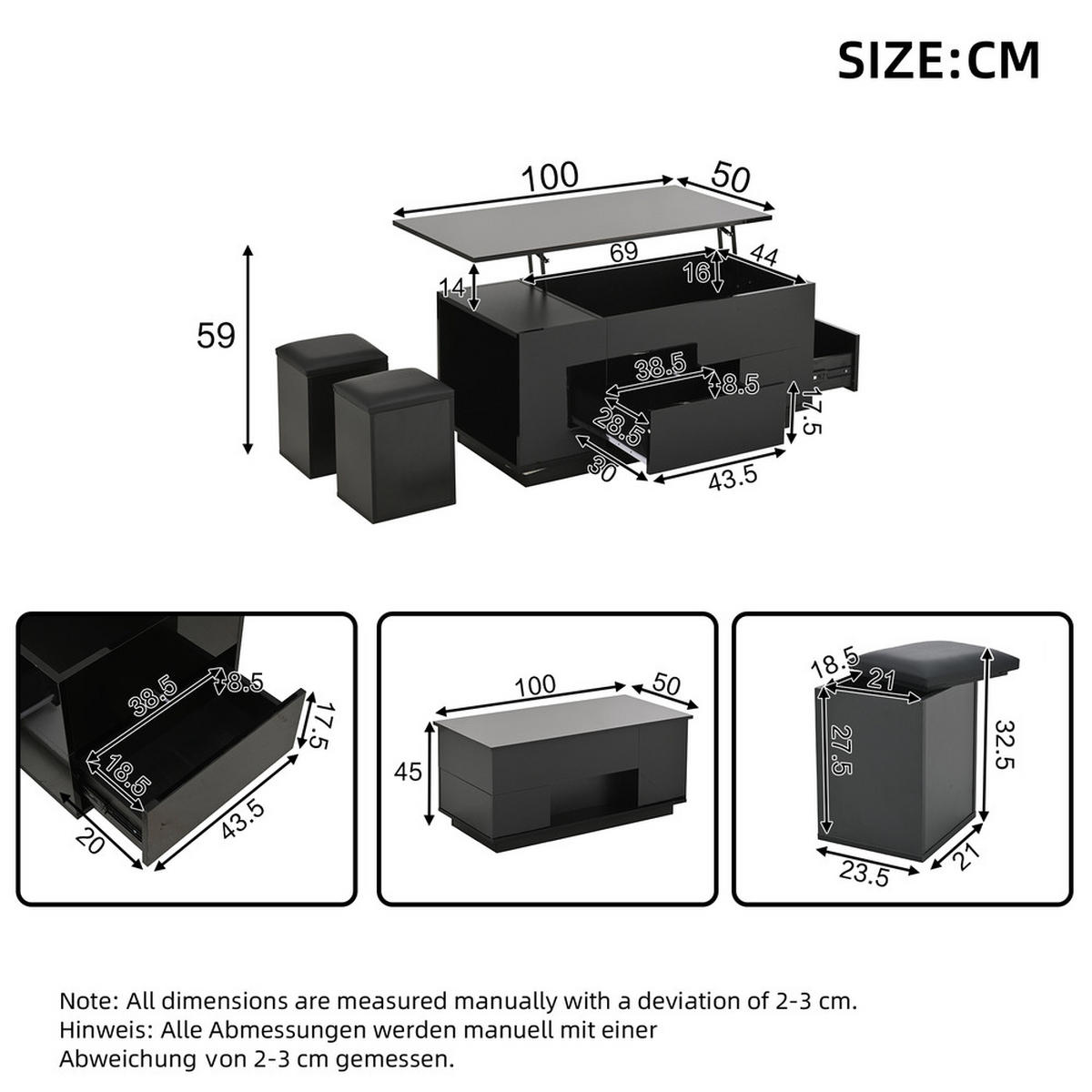 COUCHTISCH 100x50cm Schwarz Höhenverstellbar LED 4in1 2 Schubladen 50kg - Schwarz, Holz (62.76/50.8/20.32cm) - FLIEKS