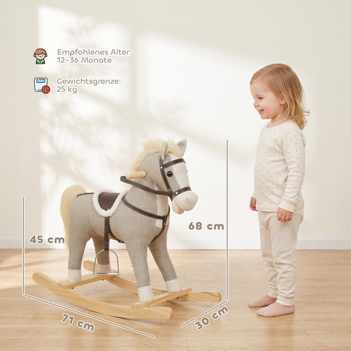KINDER-SCHAUKELPFERD Polyester Metall Grau - Grau, Holz (30/68/71cm) - AIYAPLAY