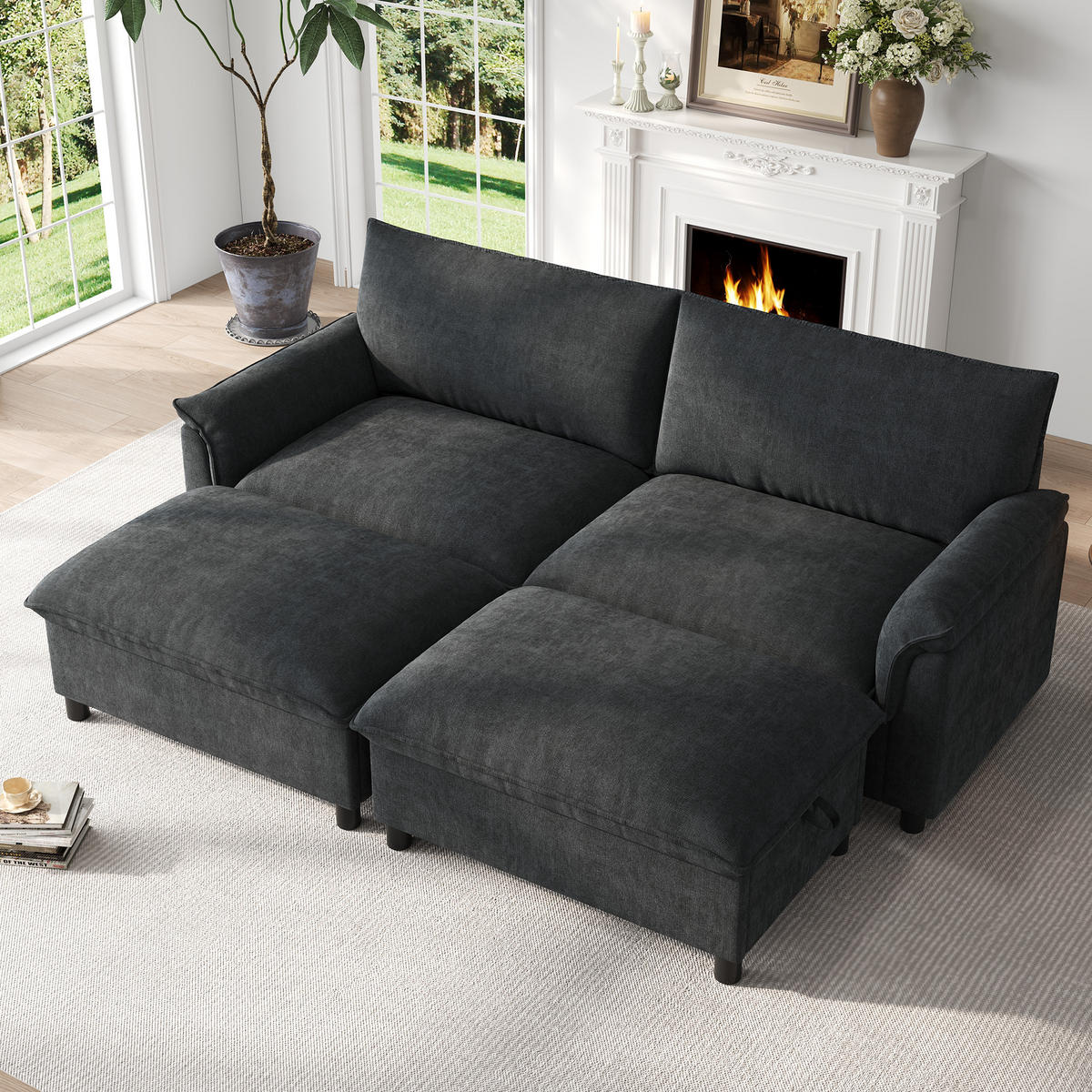SOFA Schwarz U-Form Cloud Modular Deep Seat 216cm Hocker - Schwarz, Textil (77/82/216cm) - FLIEKS