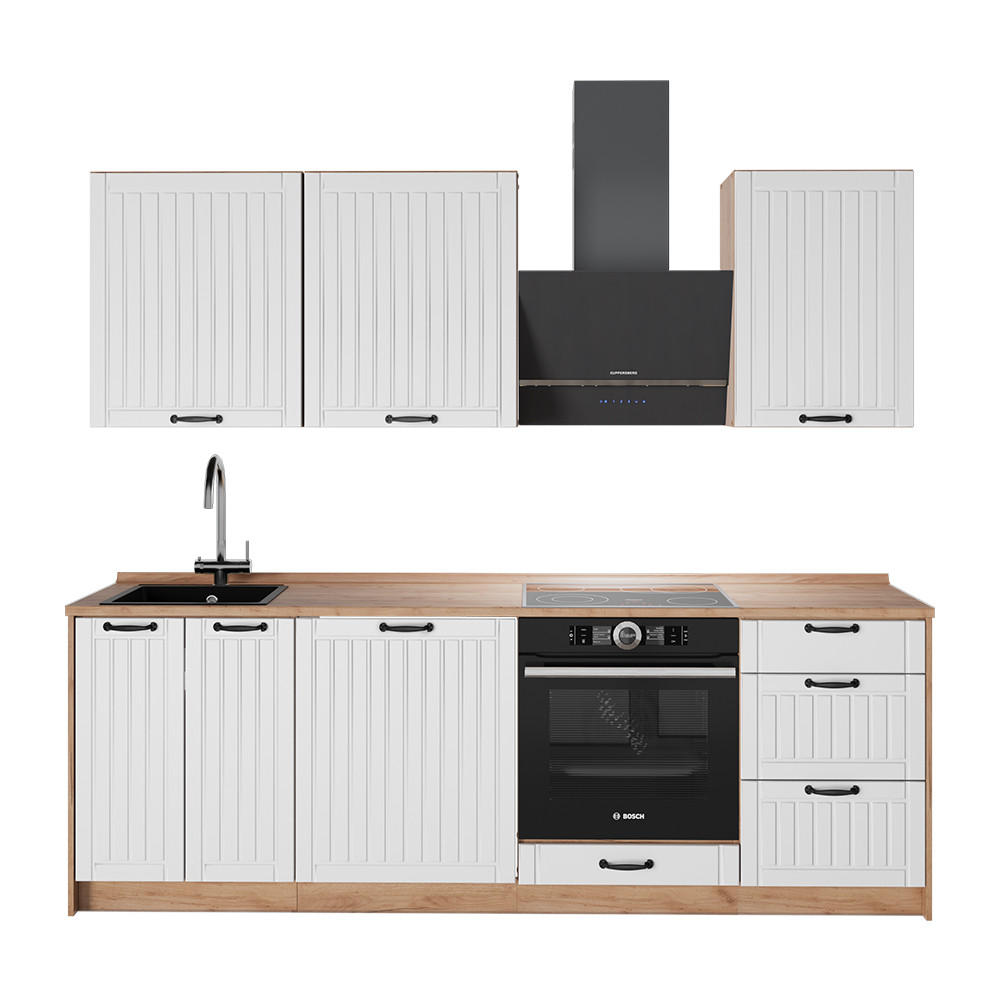 KÜCHENZEILE Fame-Line, Weiß Landhaus/Goldkraft Eiche, 230 cm, AP Eiche - Honigeiche/Weiß, Holzwerkstoff (230/82/60cm) - Vicco