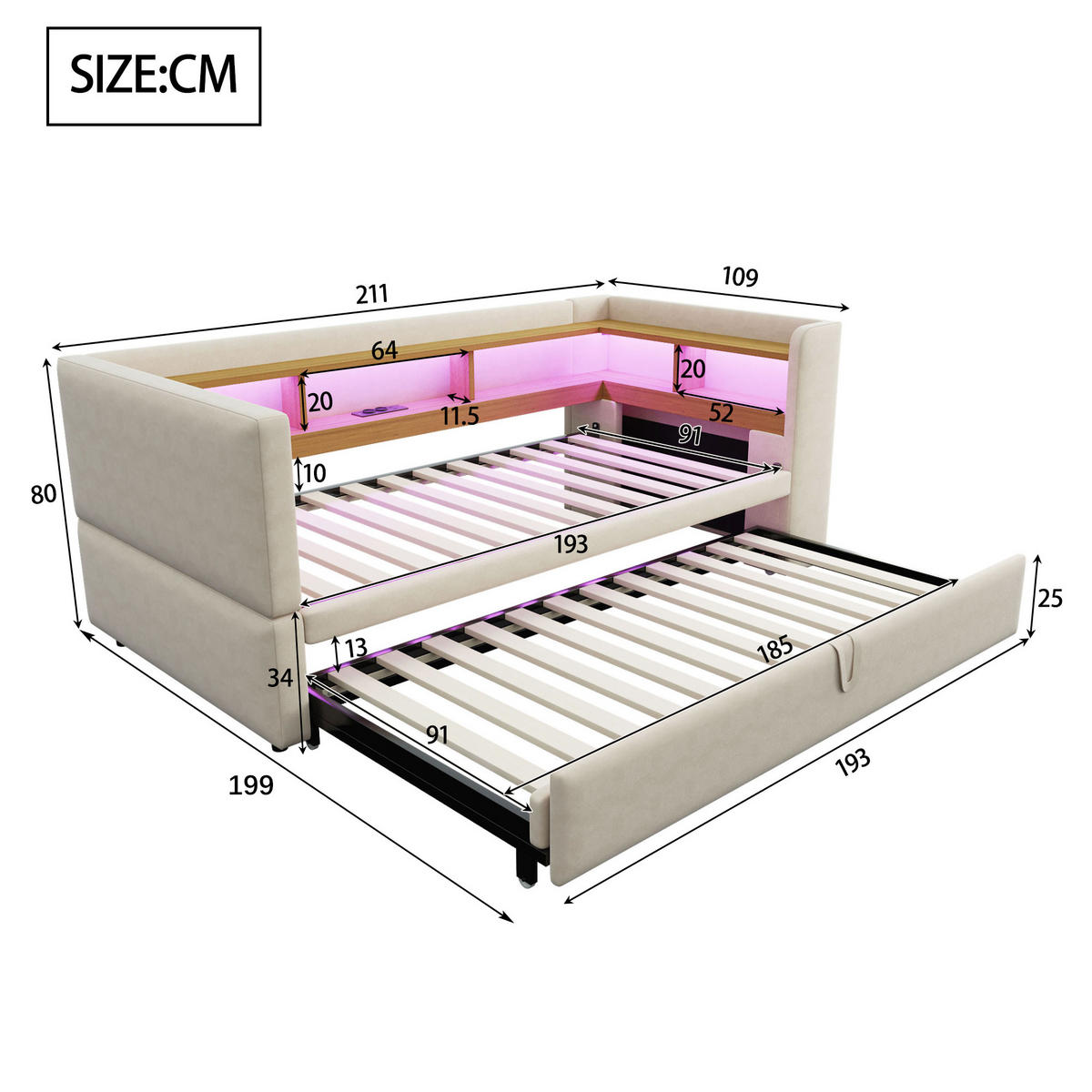 POLSTERBETT 90/180 cm Beige Ausziehbett mit LED-Beleuchtung Steckdosen und Ablagefächern - Beige, Textil (90/190cm) - OKWISH