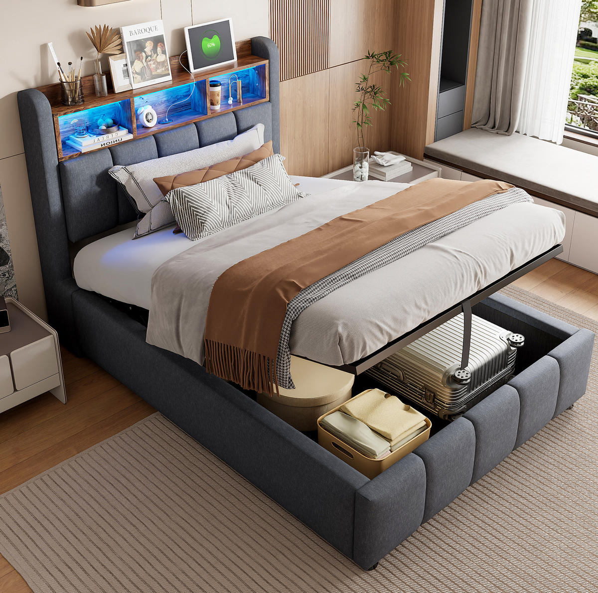 POLSTERBETT 90/200 cm Grau mit LED-Beleuchtung und USB-Anschluss aus Leinenstoff - Grau, Textil (90/200cm) - OKWISH