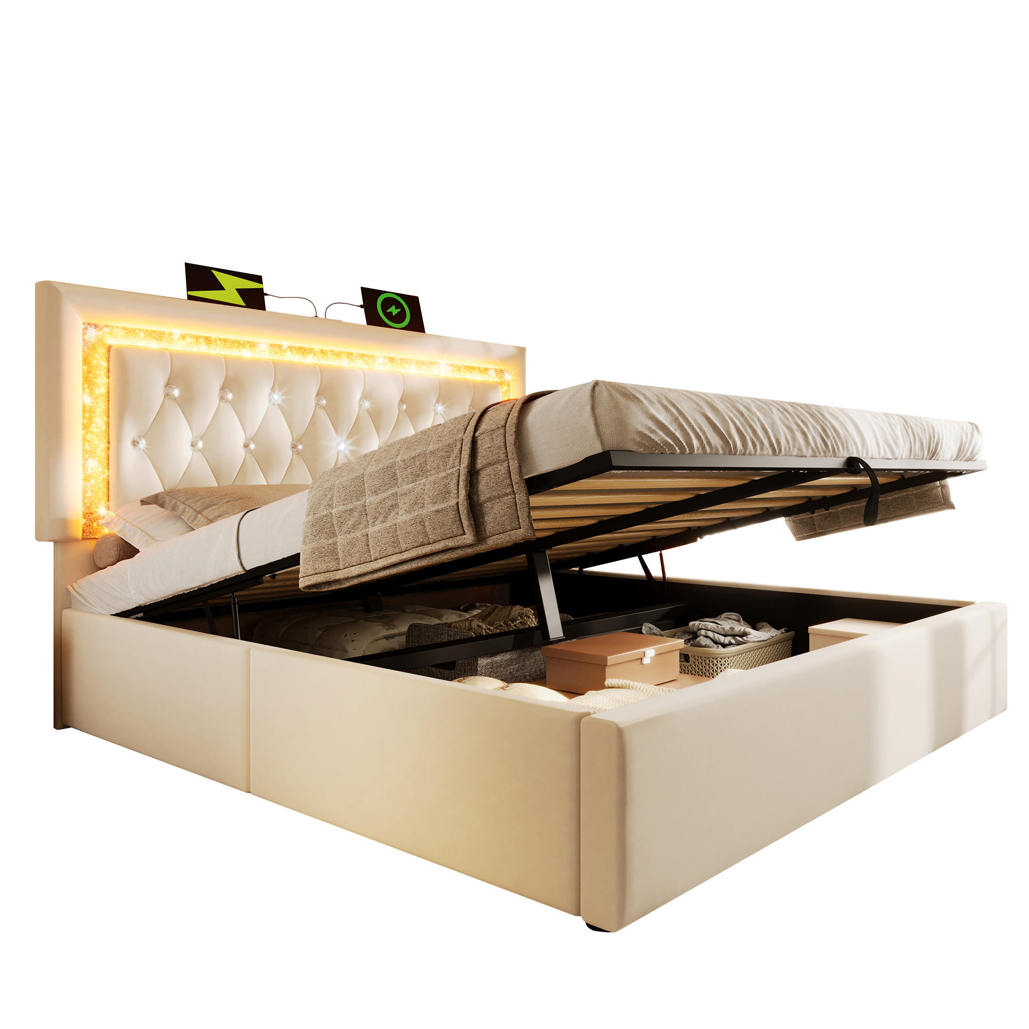 POLSTERBETT 180/200 cm Beige aus Samt mit LED-Beleuchtung und Stauraum - Beige, Textil (180/200cm) - OKWISH