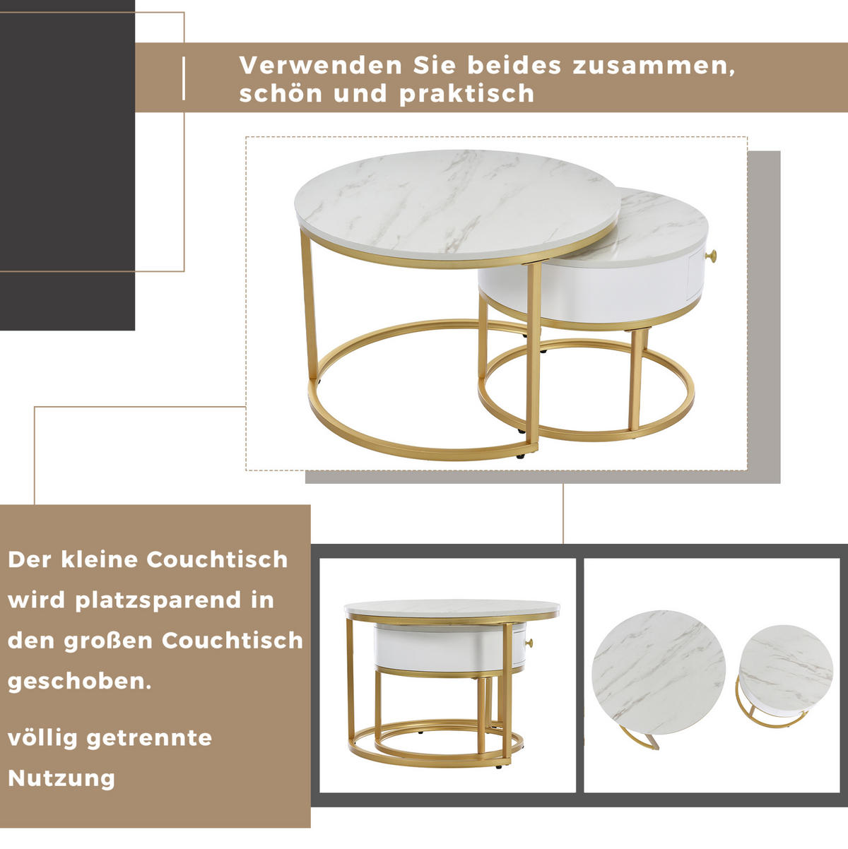 COUCHTISCH-SET aus MDF 70/70/48 und 50/50/43,5 cm, 2-teiliges Nesting-Design mit Hochglanz-Marmoreffekt, Weiß - Weiß, Holzwerkstoff (70/70/48cm) - Redom