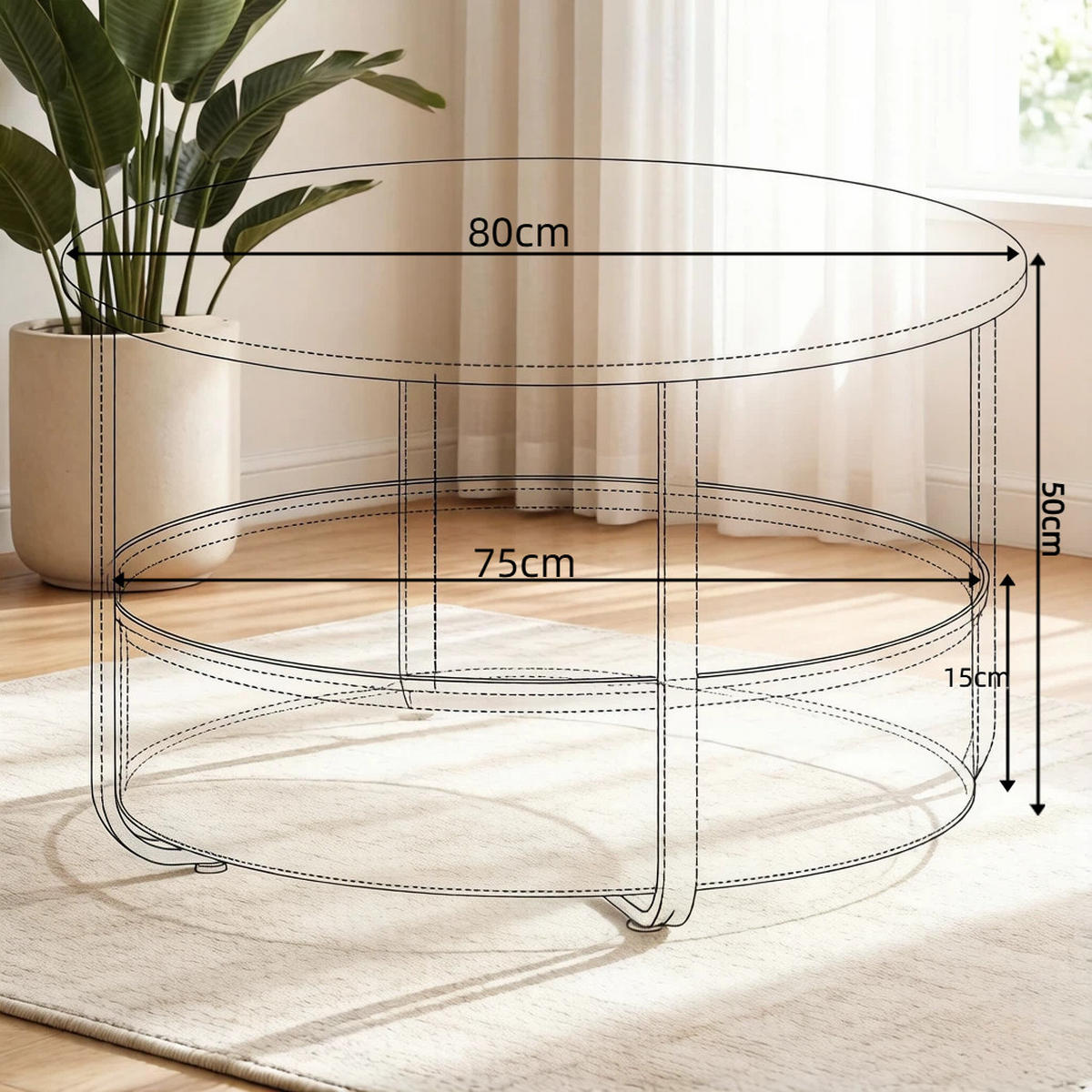 COUCHTISCH DE-37243 rund mit Leinwandkorb Weiß - Weiß, Metall (80/80/50cm) - ComfortXL