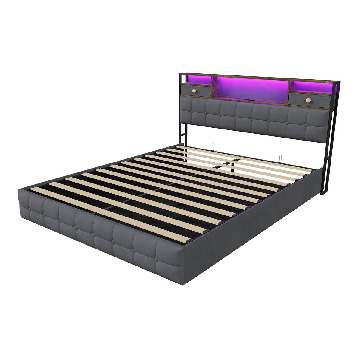 POLSTERBETT 140/200 cm mit multifunktionalem Ablagekopfteil, Schubladen, RGB-LED, USB-Anschluss und Chesterfield-Knopfsteppung - Grau, Holz/Metall (140/200cm) - Joyfair