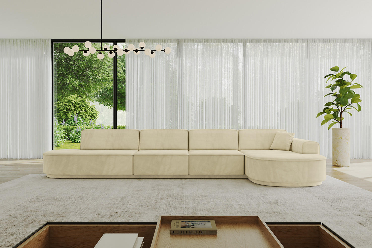 ECKSOFA Ottomane Rechts MARI-L3-v3 - 413x171x83 cm Beige Velours - Beige/Schwarz, Holzwerkstoff/Kunststoff (171/413cm) - ALTDECOR